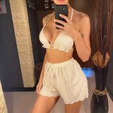 Ruffled Firlled Halter Bikini Women Swimwear Female Swimsuit Three-Pieces Bikini Set With Shorts Bather Bathing Suit Swim V5673