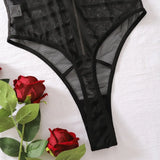Toucheart Sexy Lace Mesh Transparent Underwear Women V-Neck Sexy Suspender Bodysuit With Zipper Exotic Sexy Printing Jumpsuit