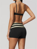 Breathable Striped Patchwork Yoga Clothing Women Fake Two-piece Sports Bra Folding High Waist Shorts Gym Running Fitness Suit