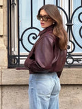 Foridol Wine Red Vintage Faux Leather PU Coat for Women Long Sleeve Turn Down Collar Zipper Autumn Winter Coat Jacket
