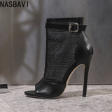 Design Peep Toe Hollow Out Mesh Ankle Boots Sandals Woman Sexy Nightclub Gladiator Peep Toe Thin High Heels Zipper Sandals