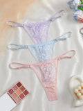 3Pcs/Set Women Sexy Floral Lace Thong Panties Low Waist Hollow Lace Sexy Lingerie Adjustable Thin Strap Underwear