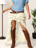 Summer Women Flower Lace Long Skirt Elastic High Waist Layered Ruffle Irregular Skirt Streetwear
