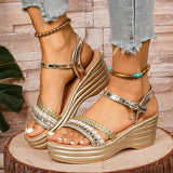 Bohemian Style Wedges Golden Sandals Women Plus Size 43 Summer Platfrom Heighten Sandals Woman Lightweight Ankle Buckle Sandles
