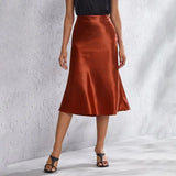 Satin-Like Shiny Skirt Women Midi Skirt High Waist Solid Color Mid-calf Length Skirt Soft Breathable Fabric Work Skirts