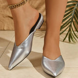 Silver Pointed Toe Mules Shoes Women Plus Size 42 Pu Leather Low Heels Slippers Woman Fashion Summer Closed Toe Flat Slides