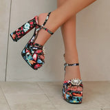 Ethnic Bohemia Sandals Women 2026 Summer Shoes Flower Print Ankle Strap Platform Block High Heels Crystal Pearl Studded