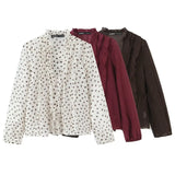 2026 Spring New Women Elegant Loose V Neck Wave Trim Polka Dot Blouse Thin Long Sleeve Top