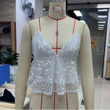 Sexy Sequined Camis Tops Women Sequin Spaghetti Strap Tops Sparkly V Neck Sleeveless Backless Ruffle Crop Tops Trendy Streetwear
