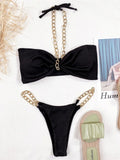 Women Swimwear Metal Chain Halter Ribbed Bikini Female Swimsuit Two-Pieces Bikini Set High Cut Bather Bathing Suit Swim V2989