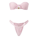 Women Summer 2-Piece Swimsuits Knot Front Strapless Bikini Bra and Elastic Bottoms Sets for Beachwear Bathing Suit