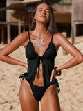 Sexy Yellow Black Bikini Set 2026 Women Front Tie Lace Patchwork Crop Top Thong Swimsuit Summer Holiday Bathing Suit Swimwear