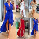 Foridol Women Summer OL Sleeveless Tank Party Dress Deep V Neck Backless Maxi Casual Vestidos De Fiesta Irregular Sexy Dress