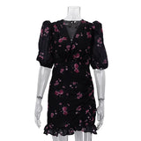 FDYOUI Elegant V-neck Floral Printed Short Dress High Street Women's Puff Sleeve High Waist Tunics Ruched Vacation Party Dresses