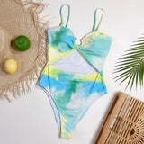 2026 New Sexy One Piece Swimsuit Swimwear Women Tie Dye Hollow One-piece Bathing Suit Beachwear Metal Hoop Maillot De Bain Femme