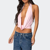 Women's Solid Color Cropped Halter Neck Cami Tops Sleeveless Open Back Deep V Neck Slim Fit Tank Tops