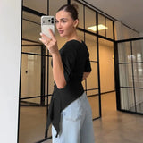 FDYOUI Women O-neck Short Sleeve Solid T-shirts 2026 Summer Chic Ruched Bandage Corset T-shirt Female Tunics Irregular Crop Tops