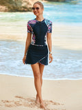 2025 Women's Sexy Surfing Swimsuit Zipper One-Piece Rash Guard Flat Skirt Style Sports Swimsuit Femme Short Sleeved Surfing Suit