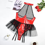 PU Latex Leather Open Crotch Bodysuit for Women Sexy Underwear Lingerie Set Erotic Mesh See Through Costumes
