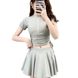 Split Sports Swimsuit, Women's Flat Corner Skirt Style Two-piece T-shirt, Girls' Student Sun Protection Swimming Suit