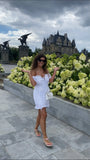 Lace up embriodery white summer dress women hollow out beach short dress puff sleeve ruffle ruched bodycon mini dress vestidos