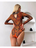 2025 Sexy Women's Retro Print Scoop Neck Padded Long Sleeve One Piece Swimsuits High Cut Bathing Suits Swimwear Bodysuit
