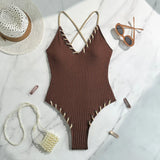 V Neck Wrinkled Ribbed Cross Backless One Piece Swimsuit Women Swimwear Female High Leg Cut Monokini Bather Bathing Suit Swim