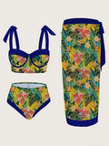 Vintage Black Floral Print Bikini 2026 Women Push Up Underwire Bra High Waist Swimsuit Beach Bathing Suit Skirt 3 Piece Swimwear