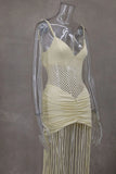 Tassel Hem Splicing Sling Dress Women Sexy Waist Hollow Out Stretch Pleated Bodycon Dresses Female Solid Summer Beach Party Robe