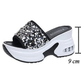Wedge Heel Silver Sequin Sandals Women 2026 Fashion 9Cm Chunky Heeled Slippers Woman Plus Size 42 Thick Sole Platform Sandles