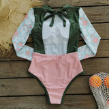 2025 Women's Rashguard Long Sleeves One Piece Swimsuit Patchwork Swimwear Zipper Monokini Surf Bathing Suit Sports Bodysuit S-XL