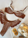 2025 Fashionable Women Two-Piece Swimsuit Adorable Chocolate Dot Design with Lace Detail Perfect for Beach Wear and Pool Parties