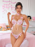 Sexy Women Transparent Low Waist Lace Transparent Thong Lace Trimmed Mesh Splicing Bowknot Strap Bikini For Woman Elegant ZS5J