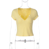 FDYOUI Fashion Casual V-neck Short Sleeve Solid T-shirts Streetwear Y2K Women's Summer Slim Cropped Tops Girls White Tee Shirt