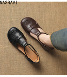 French Slip-on Single Shoes Retro British Shoes for Women Brown T-Strap Shallow Flat Sandals Soft Leather Rome  Summer New 32-43