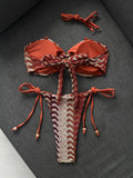 Sexy Coffee Striped Micro Bikini 2026 Women Bandeau Metal Shell Push Up Bra Bandage Thong Swimwear Beach Bathing Suit Swimsuit