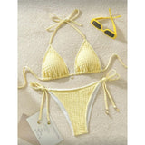 High Cut Leg Two-Pieces Bikini Set Bather Bathing Suit Swim Wrinkled Crinkled Halter Bikini Women Swimwear Female Swimsuit M125