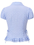 Women Plaid Shirts Button Down Puff Short Sleeve Lapel Neck Tops Fashion Slim Fit Ruffle Trim Blouses Summer