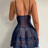 Contrast Lace Ruffle Trim Lingerie Pajamas Set See Through Ultra-thin Women Pajamas Deep V-neck Lace Sleepwear Sexy Pajamas