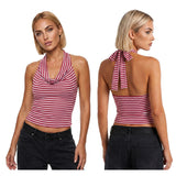 Women Striped Low Cut Tank Tops Slim Fit Cowl Neck Open Back Sleeveless Halter Crop Shirts Trendy Summer Streetwear