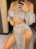 2026 Leopard Off Shoulder Long Sleeve 2 Pieces Set Beach Cover Up Cover-ups Beach Dress Beach Wear Beachwear Female Women V3728