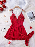 Sexy Lace Lingerie Set for Women, Red Sleepwear Nightdress with Matching Panties, V-Neck Sheer Lace Camisole, Romantic Night