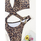 Sexy Tummy Cut Out Leopard Snakeskin Women Swimwear One Piece Swimsuit Female Halter High Cut Leg Bather Bathing Suit Swim V7972