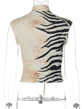 FDYOUI Sexy Zebra-stripe Print Tank Tops Women's Corset 2026 Summer Stand Collar Lace-up Sleeveless T-shirt Hollow Out Crop Top