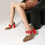 Spring  Autumn New Model Fashion High Heels Nude Shoes Color Blocking Pointed Tip Buckle Leopard Print Sexy Party Women's Shoes
