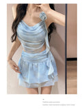 Swimsuit Women's Two-piece Fairy Style Sexy Hot Spring Skirt Style Three-dimensional Flower Ribbon Swimsuit