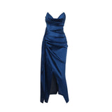 Elegant Strapless Solid Evening Gown Chic Satin Corset Dress for Women V-neck Split Blue Long Dress Lady Summer Party Dress up