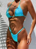 Wrinkled High Cut Mini Micro Thong Bikini Women Swimwear Female Swimsuit Two-pieces Bikini Set Halter Bather Bathing Suit Swim
