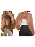 Women's Spring Summer Solid Color Sheer Blouse Glitter Long Sleeve Mock Neck Open Front Tops Streetwear