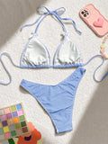 Blue Plaid Print Two Piece Swimsuit for Women Sexy Bow Suspender Backless Bikini Set High Waist Thong Beach Bathing Suit 2025